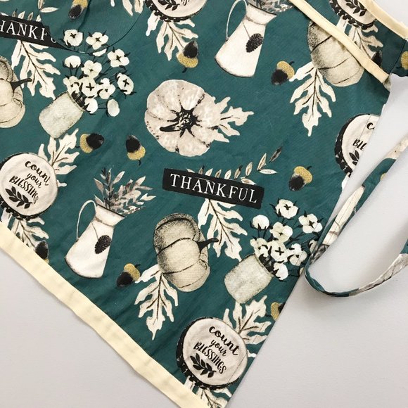 SIMPLY WHIMSICAL Vintage Inspired Apron Autumn Farmhouse Thanksgiving Teal Tan - Picture 3 of 8
